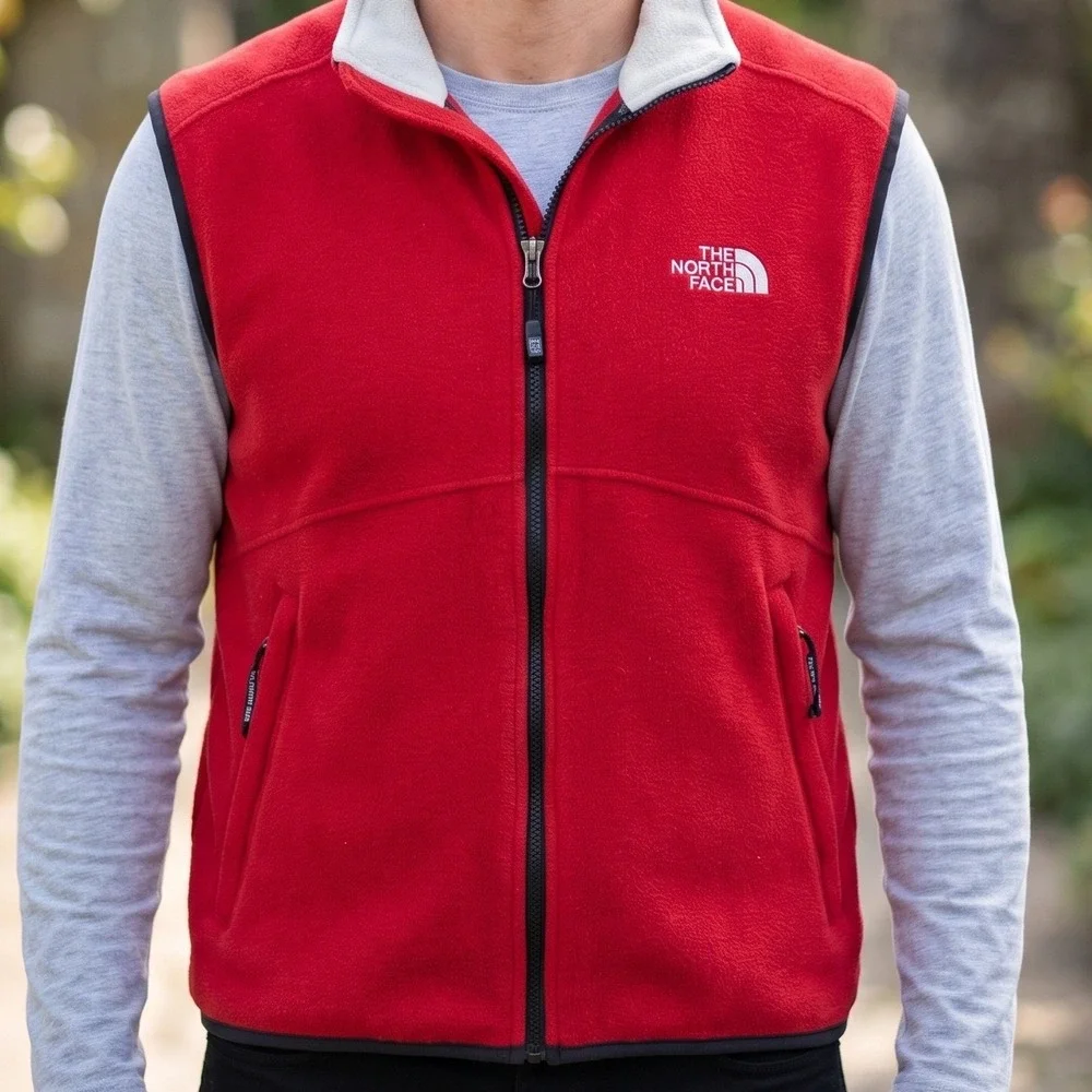 The North Face Mens Full Zip Fleece Vest Red Cream Made in USA Mock Neck M